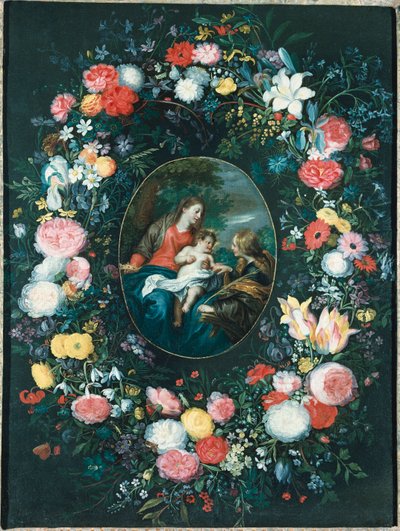 St. Katarinas mystiska äktenskap i ett landskap, omgivet av en blomsterkrans av Jan Brueghel the Younger