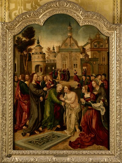 Resandet av Lasarus, mittpanelen i en altartavla av Jan van (circle of) Scorel