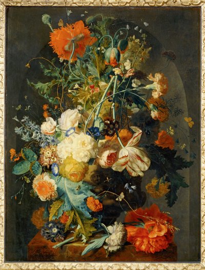 Vas med blommor i en nisch ... av Jan van (follower of) Huysum