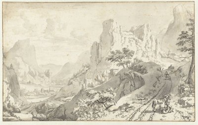 Bergslandskap med nedstigen ryttare av Jan van Aken