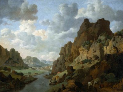 Holländska: Bergslandskap med vilande resenärer Klippigt landskap. av Jan van Aken