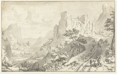 Bergslandskap med resenärer på en väg av Jan van Aken