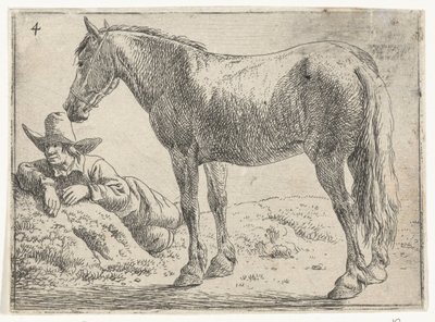 Stående häst med vilande ryttare Landskap med hästar (serietitel) av Jan van Aken