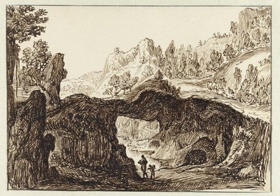 Stenigt bergslandskap med två resenärer i förgrunden av Jan van Almeloveen