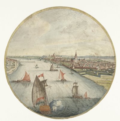 Utsikt över Nijmegen med Waal och slottet Valkhof av Jan van Call (I) (attributed to)