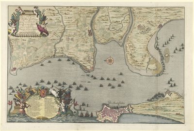 Karta över den allierade landningen och expeditionen i Cadiz, 1702 Plan av Dissante för landstigning i Spangien för Cadix med Campements och Marse utförd av hertigen av Ormont och generalen Majoor och Baron de Spar Ceedert den 26 augusti till av Jan van Call (I)