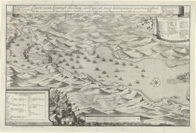 Sjöstrid i Vigo Bay och fångsten av den spanska silverflottan, 1702 Carte vande Landingh i Vigosbukten som en del av intagandet av två Casteels och fångsten av den spanska silvreflottan som ankrades i bukten för Redondella den av Jan van Call (I)