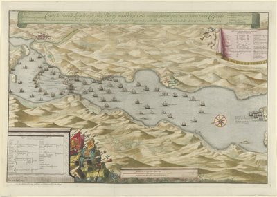 Sjöstrid i Vigo Bay och fångsten av den spanska silverflottan, 1702 Carte vande Landingh i Vigosbukten som en del av intagandet av två Casteels och fångsten av den spanska silvreflottan som ankrades i bukten för Redondella den av Jan van Call (I)