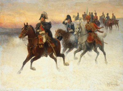 Marskalk Ney och Napoleon och deras trupper under den ryska kampanjen (olja på duk) av Jan van Chelminski