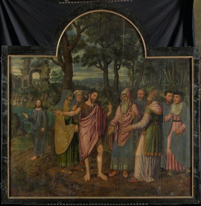 Johannes Döparen förmanar fariséerna, centralpanelen i en triptyk av Jan van Coninxloo (II)
