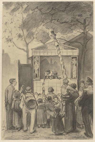 Åskådare framför en dockteater av Jan van Essen (possibly)