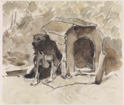Hund som sitter i koppel framför sin kennel av Jan van Essen