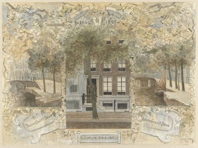 Hus på Leliegracht, flankerat av broarna över Prinsengracht och Keizersgracht av Jan van Essen