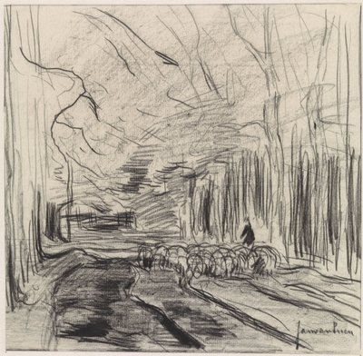 Flock får i en skog av Jan van Essen
