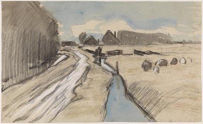 Landskap med en väg längs ett dike av Jan van Essen