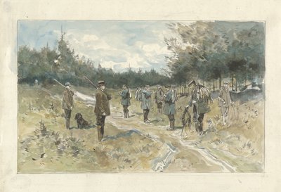 Landskap med en grupp jägare efter jakten på Leusderhei av Jan van Essen