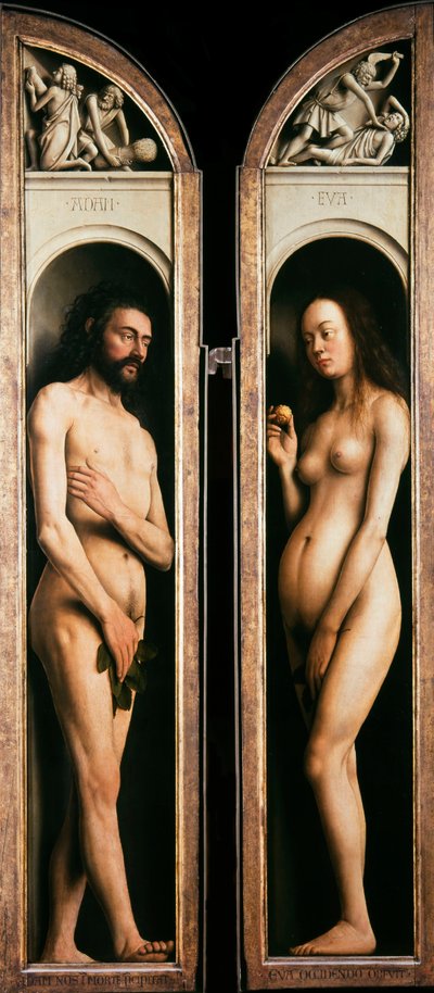 Gents altartavla. Tillbedjan av det mystiska lammet: Adam och Eva, 1432. av Jan van Eyck