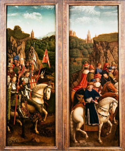 Gents altartavla. Adoration of the Mystic Lamb: Just Judges and the Knights of Christ, 1432. av Jan van Eyck