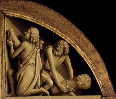 Gents altartavla. Tillbedjan av det mystiska lammet: Kains och Abels offer, 1432. av Jan van Eyck