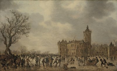 Ett vinterlandskap med figurer som desporterar på isen vid slottet Montfoort av Jan van Goyen
