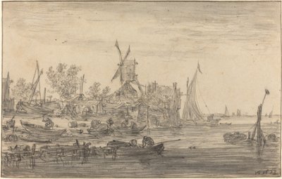 Foreshore scen med väderkvarn av Jan van Goyen