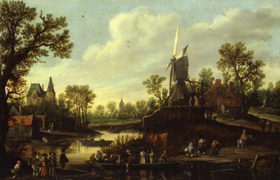 Tyska: Flusslandschaft mit Fähre Flodlandskap med en färja av Jan van Goyen