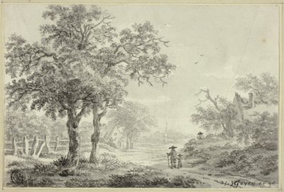 Man och pojke går längs en byväg av Jan van Goyen