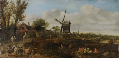 Flodlandskap med väderkvarn och båtar av Jan van Goyen