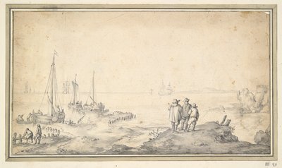 Tre figurer på en sanddyn med utsikt över bukten med skepp av Jan van Goyen
