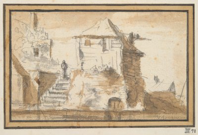 Två byggnader med en trappa av Jan van Goyen