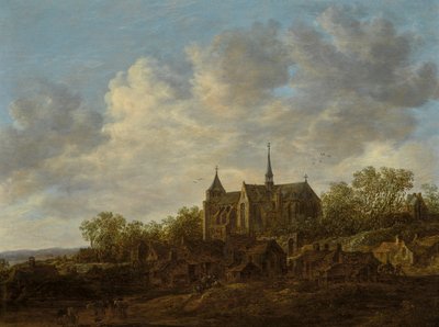 Utsikt över en by med en stor gotisk kyrka av Jan van Goyen