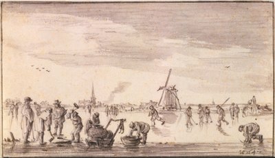 Vinterlandskap med skridskoåkare och fiskare av Jan van Goyen