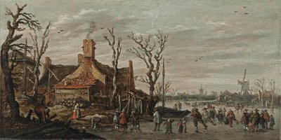 Vinterlandskap med figurer på isen nära en stuga av Jan van Goyen