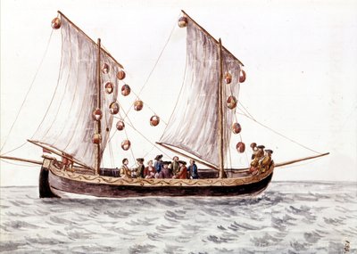 En venetiansk trabac med lyktor, fiskebåt som används i grunda vatten som Adriatiska havet, akvarellteckning och tusch från manuskriptet "" Venitianernas seder"" av Jan van Grevenbroeck (eller Giovanni Grevembroch (Grevenbroch) (1731-1807) av Jan van Grevenbroeck