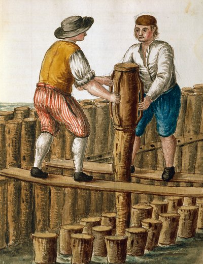 Att lägga grunden för den venetianska lagunen, illustration av Jan van Grevenbroeck (1731-1807) från manuskriptet Dress of Venetians, Italien av Jan van Grevenbroeck