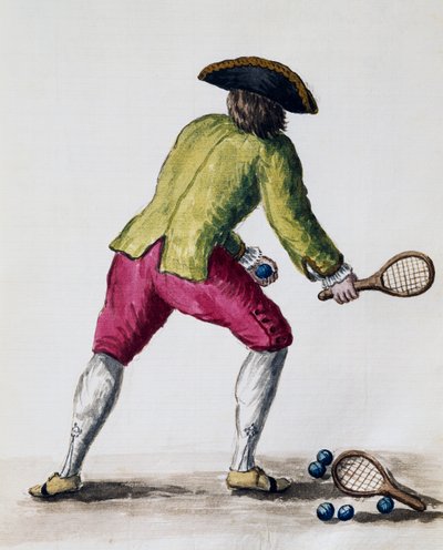 Man som leker med racket och bollar, från The Illustrated Book of Venetian Costumes, Italy av Jan van Grevenbroeck