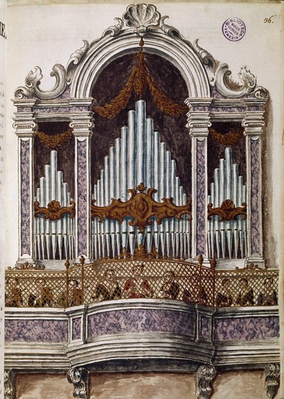 Föräldralösa barn som sjunger, orgel för kören i kyrkan Ospedale della Pieta, Venedig (föräldralösas kör) Akvarellteckning och tusch från manuskriptet "Venitianernas seder"" av Jan van Grevenbroeck (eller Giovanni Grevembroch (Grevenbroch) (1731-) 1807) av Jan van Grevenbroeck