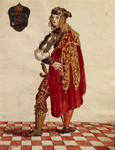 Dräkt av riddare av Confraternity de la Calza (Stocking) 1564, av Jan van Grevenbroeck eller Giovanni Grevembroch (1731-1807), Gli Abiti de Veneziani, från illustrerad bok med kostymer, akvarell av Jan van Grevenbroeck