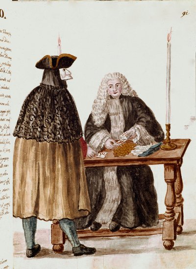 Spelrummet: en karaktär maskerar framför dealern som drar kort, mynt samlas på bordet Akvarellteckning och bläck från ett manuskript av Jan van Grevenbroeck (eller Giovanni Grevembroch (Grevenbroch) (1731-1807) av Jan van Grevenbroeck