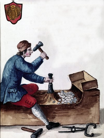 Tillverkning av mynt i Republiken Venedig: präglingsstadiet. Akvarellteckning och tusch från manuskriptet "Venitianernas seder"" av Jan van Grevenbroeck (eller Giovanni Grevembroch (Grevenbroch) (1731-1807) av Jan van Grevenbroeck