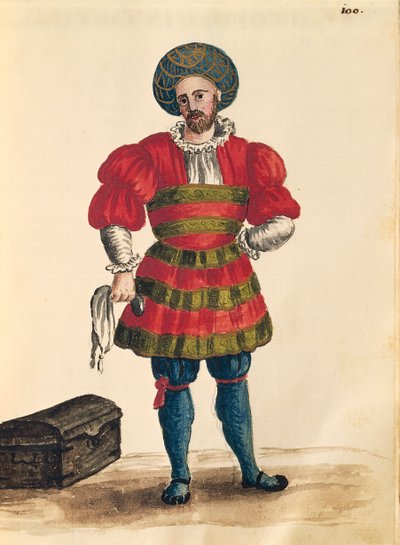 Venetianska kläder: Venetiansk resenär, av Jan van Grevenbroeck eller Giovanni Grevembroch (1731-1807), Gli Abiti de Veneziani, från illustrerad kostymbok, akvarell av Jan van Grevenbroeck