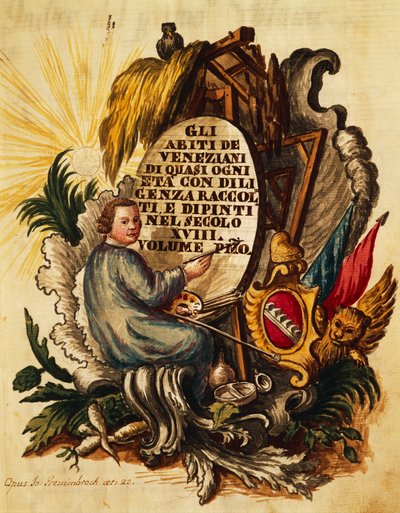 Venetiansk klänning för alla åldrar, flitigt samlad och målad, för 1700-talet, av Giovanni Grevembroch, titelblad av Jan van Grevenbroeck