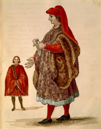 Venetiansk senator iklädd "Dogalina", formell dräkt med vida ärmar, av Jan van Grevenbroeck eller Giovanni Grevembroch (1731-1807), Gli Abiti de Veneziani, från illustrerad kostymbok, akvarell av Jan van Grevenbroeck