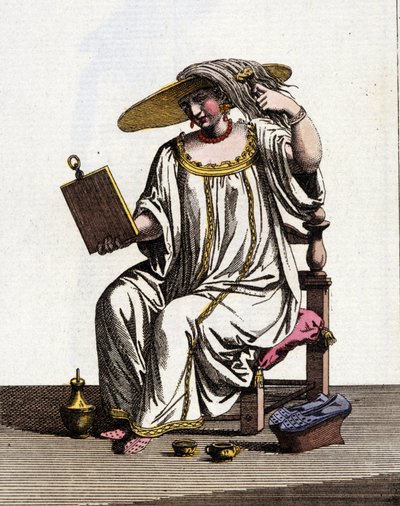 Venetianska kvinnors metod för att lätta upp håret i solen på 1600 - 1700-talet. Akvarellteckning och tusch från manuskriptet "Venitianernas seder"" av Jan van Grevenbroeck (eller Giovanni Grevembroch (Grevenbroch) (1731-1807) av Jan van Grevenbroeck