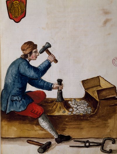 Arbetare vid, myntverk, illustration från Illustrerad bok med venetianska dräkter, av Jan Grevenbroeck (1731-1807), akvarell, Italien av Jan van Grevenbroeck