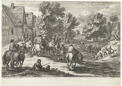 Vy över en by med ryttare i förgrunden av Jan van Huchtenburg