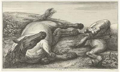 Två fallna hästar, den vänstra sedd framifrån Fallen Horses (serietitel) av Jan van Huchtenburg