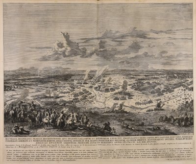 Accurata delineatio praelii Hochstetensis quo ingenti Gallorum et Bavarorum exercitu profligato caeso capto ...  Representation exacte de la fameuse bataille de Hochstet ... av Jan van Huchtenburgh