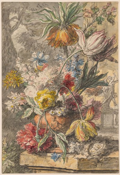 Blommor i en urna och fågelbo på en stensockel, med en staty av "Apollo och Daphne" i bakgrunden av Jan van Huysum