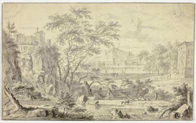 Italienskt landskap med herde och flock för bäck, stad i fjärran av Jan van Huysum